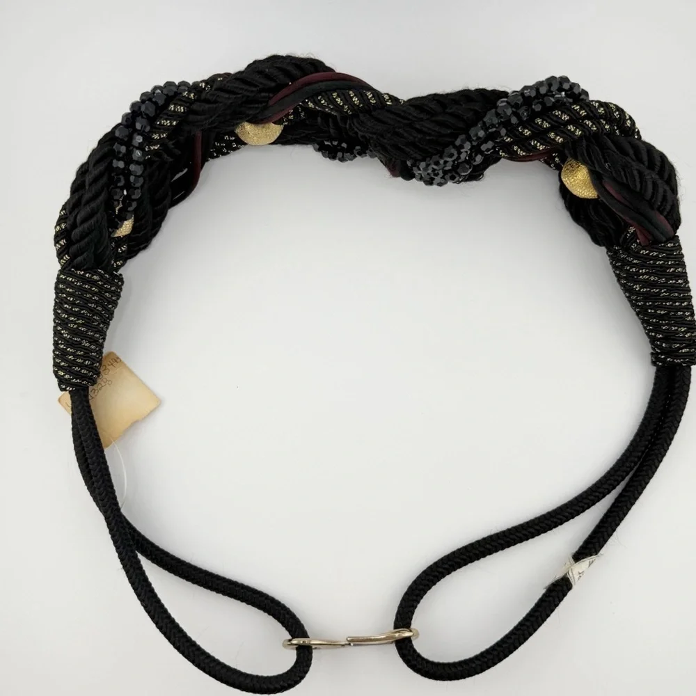 Vintage Braided Rope Belt Black Gold Beaded Statement Belt Boho